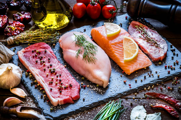 a picture nice picture od meat and fish with some leafs together